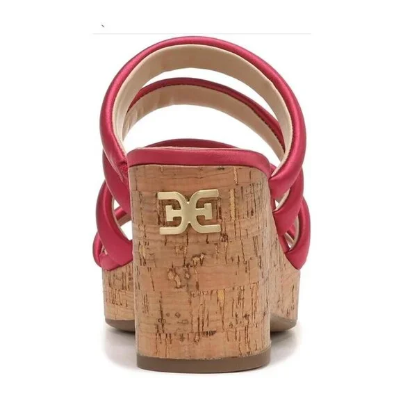 Sam Edelman Womens Red Satin Strappy Open Toe Cork Wedge Sandals Sz 8 M New - Picture 9 of 15